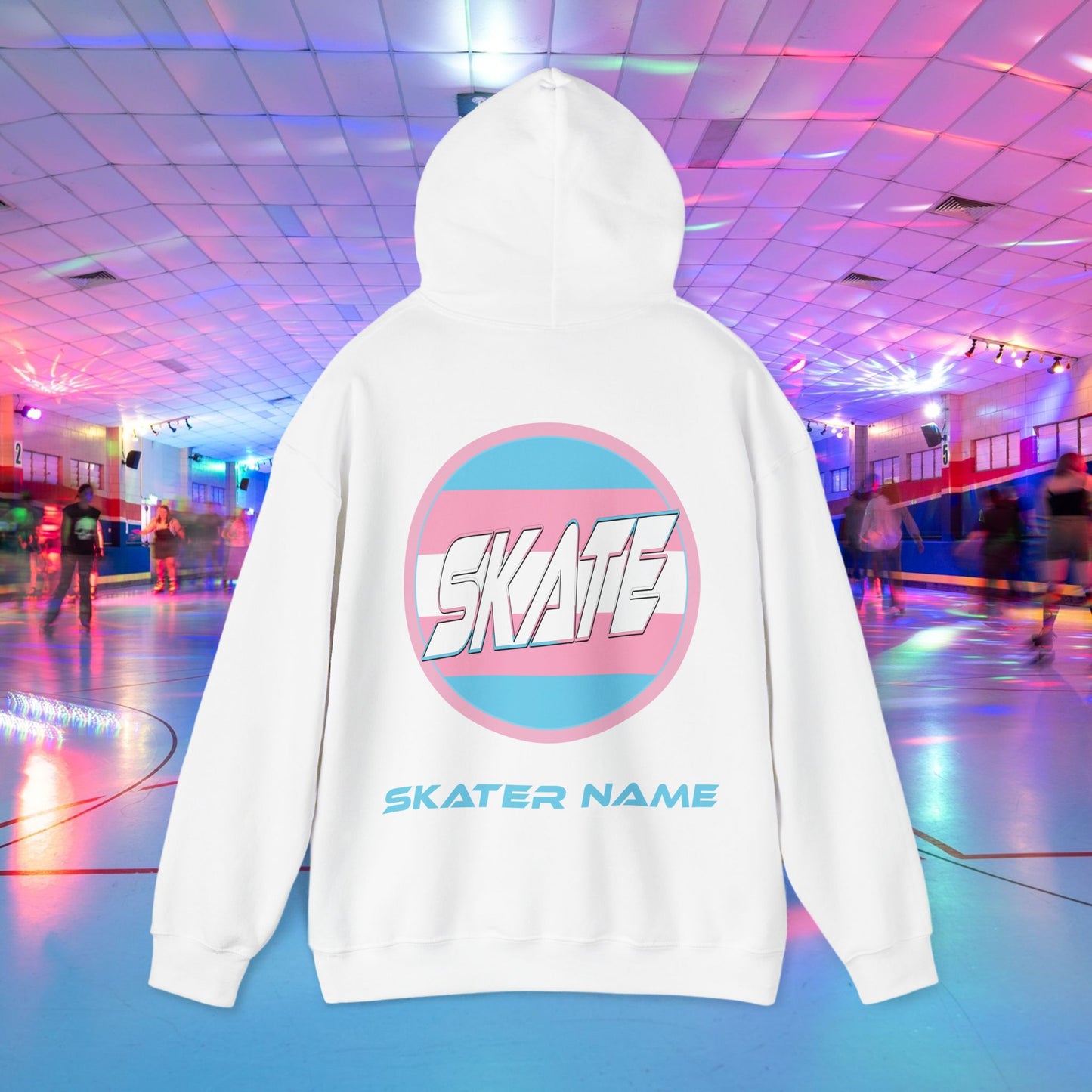 Original design trans skater hoodie with trans flag. Back of hoodie with personalised name added