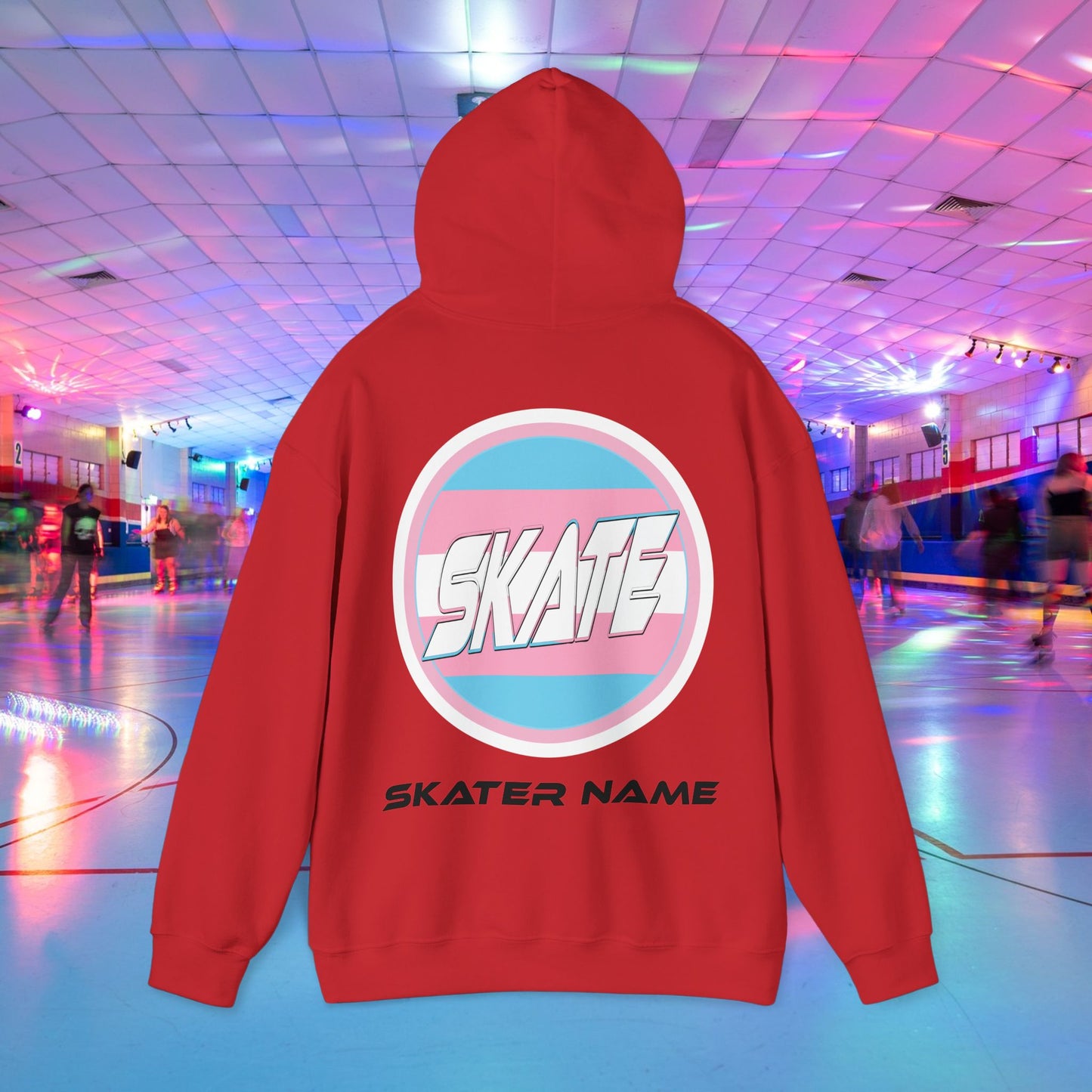 Original design trans skater hoodie with trans flag. Back of hoodie with personalised name added
