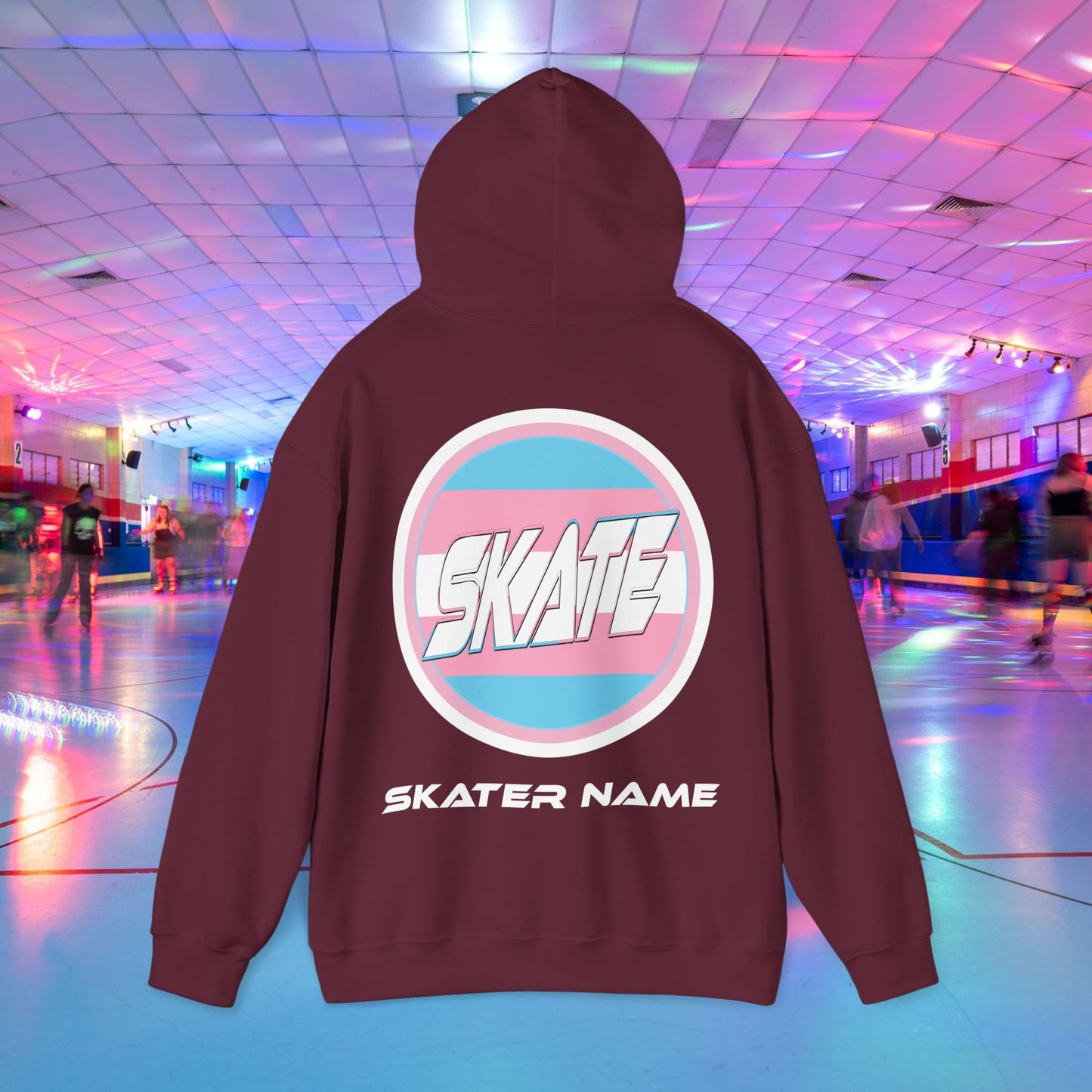 Original design trans skater hoodie with trans flag. Back of hoodie with personalised name added