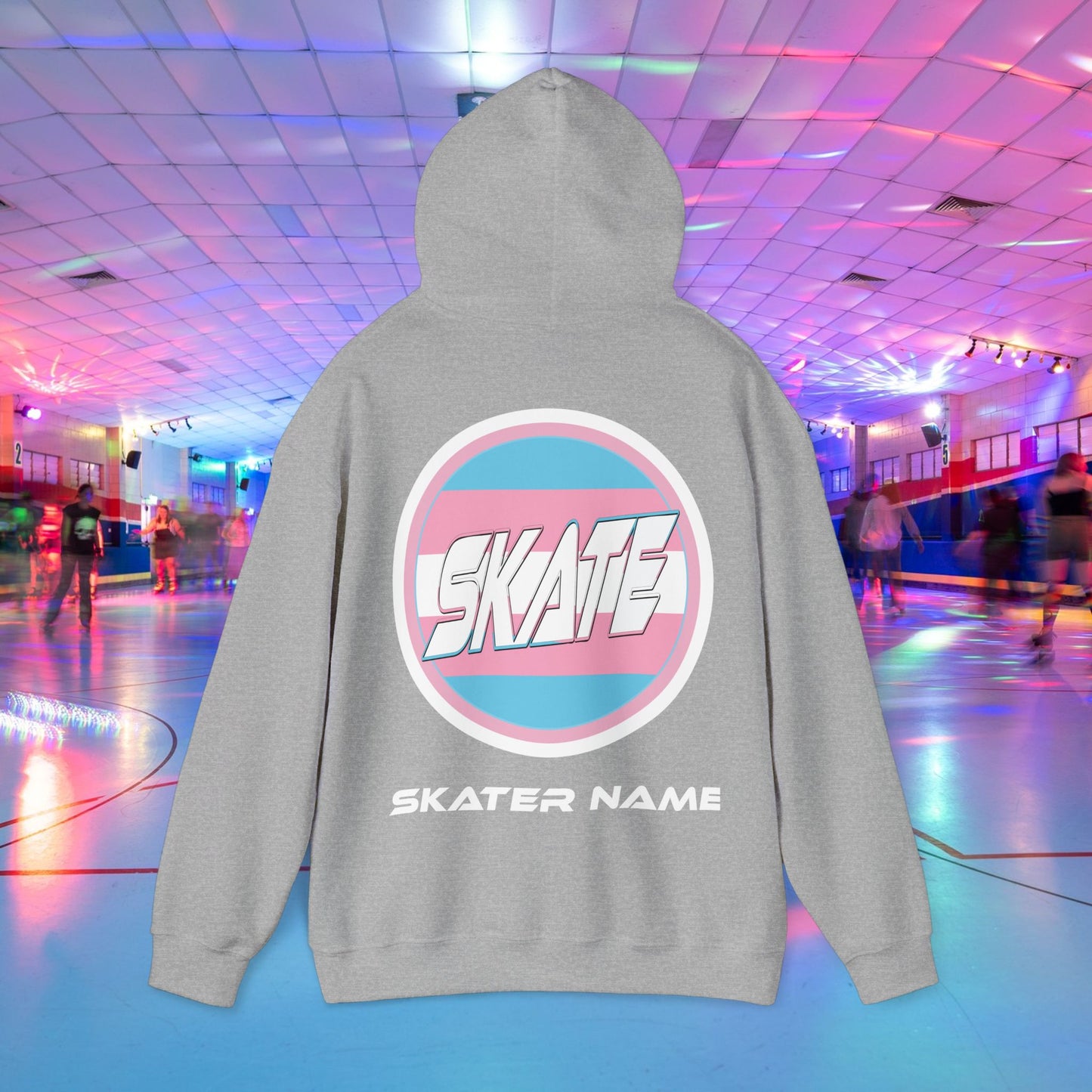 Original design trans skater hoodie with trans flag. Back of hoodie with personalised name added