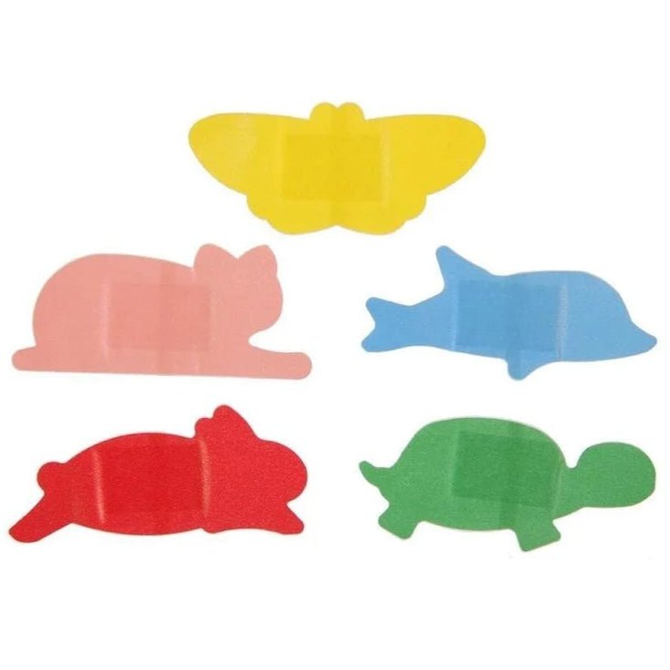30 animal shaped bandaids including: Yellow Butterfly, Pink Cat, Blue Dolphin, Red Rabbit, Green Turtle. Cute novelty kids bandaids