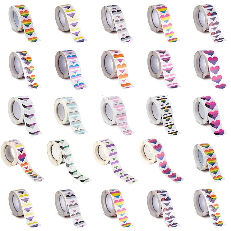 Rolls of 500 bulk discount pride flag stickers: rainbow pride, non-binary pride, asexual, pansexual, bdsm leatherpride, progress pride, trans, transgender, lesbian, genderqueer, bisexual, demisexual, demiboy, demigirl, ally, poly, omnisexual, aromantic pride flag love heart stickers