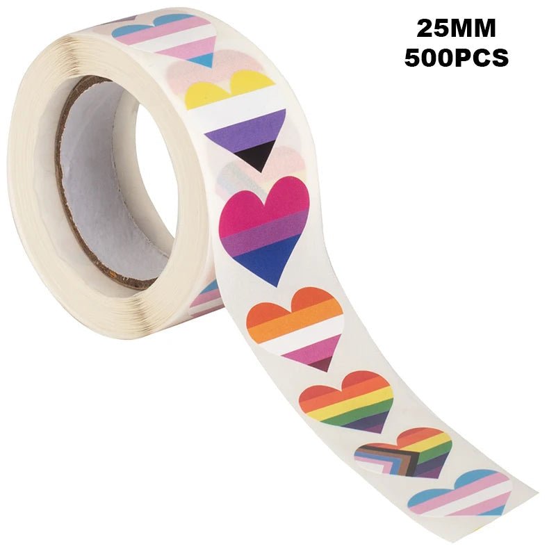500 variety roll of pride flag stickers in heart shapes measuring 2.5cm