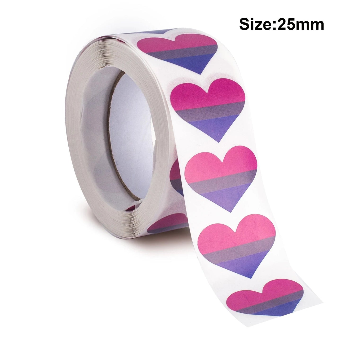 Roll of 500 Heart shaped bisexual pride flag stickers 2.5cm