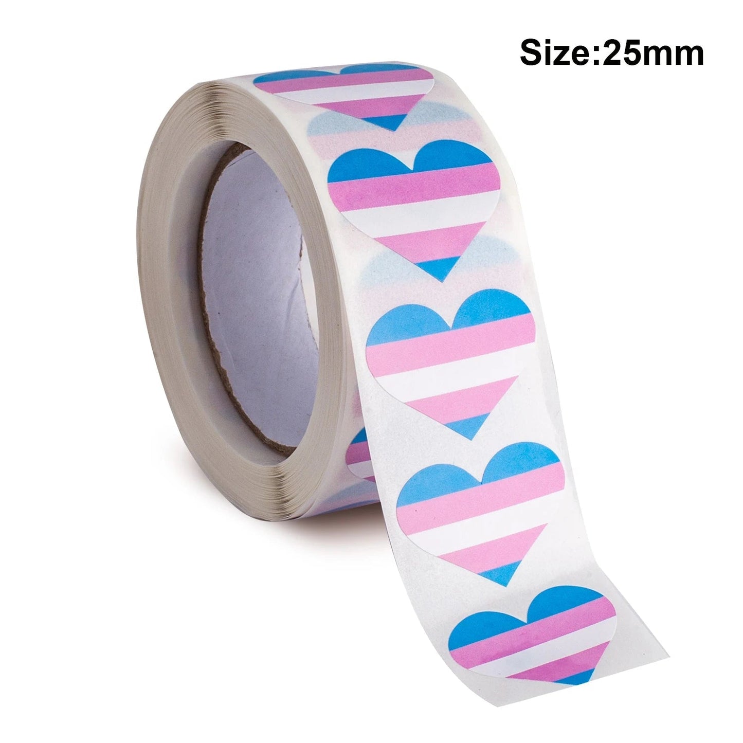 Roll of 500 Heart shaped transgender pride flag stickers 2.5cm. Trans Pride