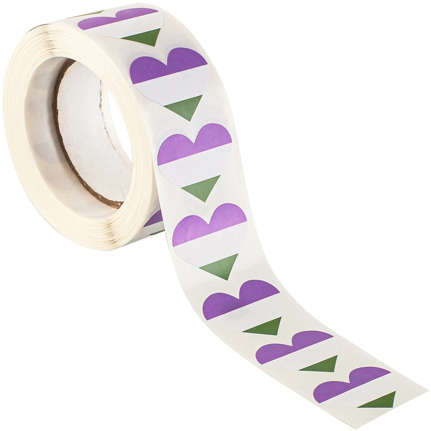 Roll of 500 Heart shaped genderqueer pride flag stickers 2.5cm
