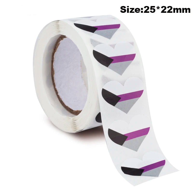 Roll of 500 Heart shaped demisexual pride flag stickers 2.5cm