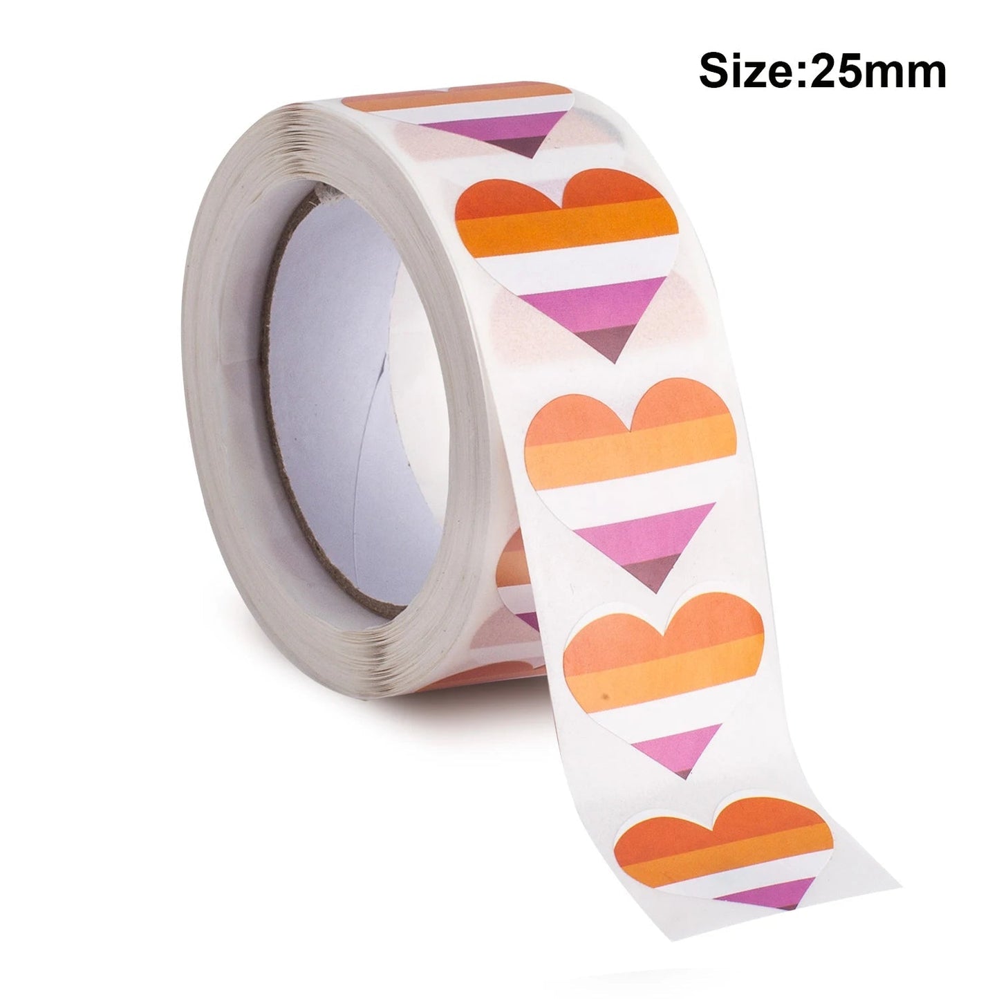 Roll of 500 Heart shaped lesbian pride flag stickers 2.5cm