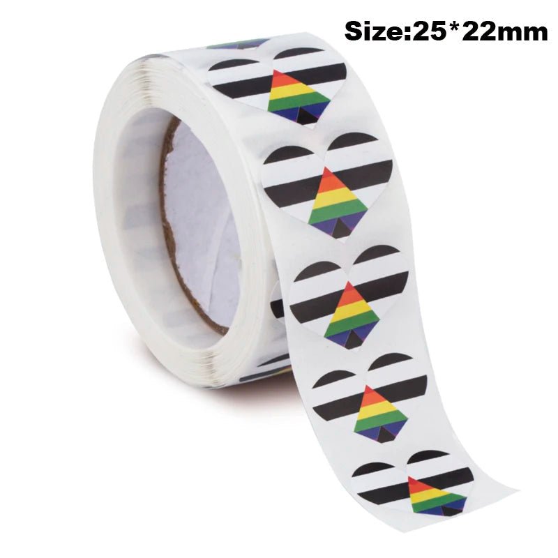 Roll of 500 Heart shaped ally pride flag stickers 2.5cm. Allies stickers