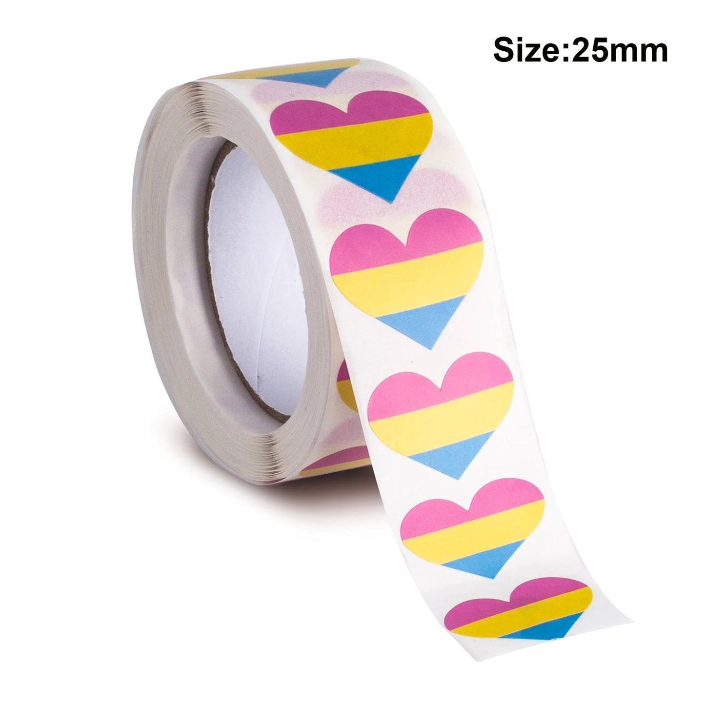 Roll of 500 Heart shaped pansexual pride flag stickers 2.5cm