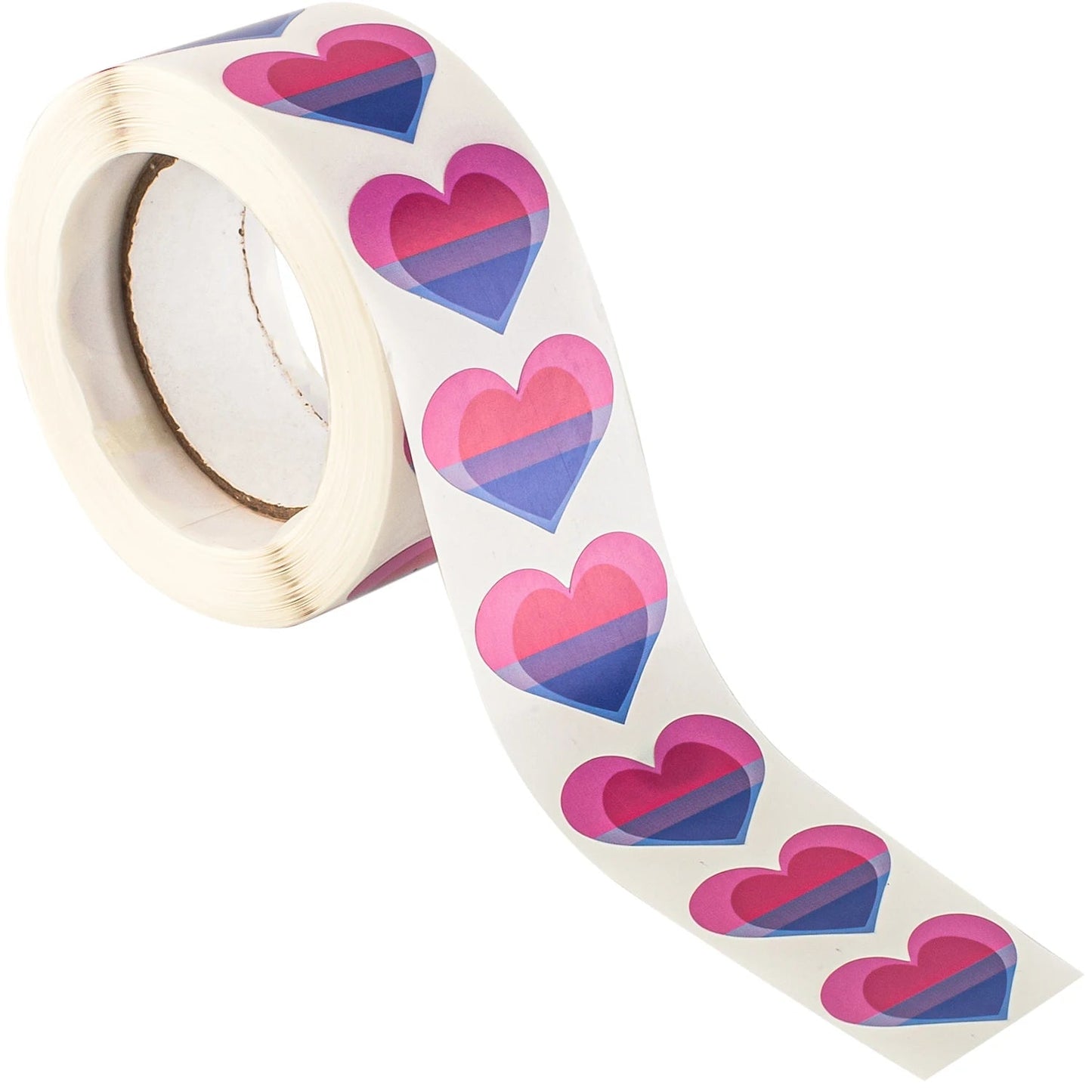 500 Heart shaped bisexual pride flag stickers 2.5cm