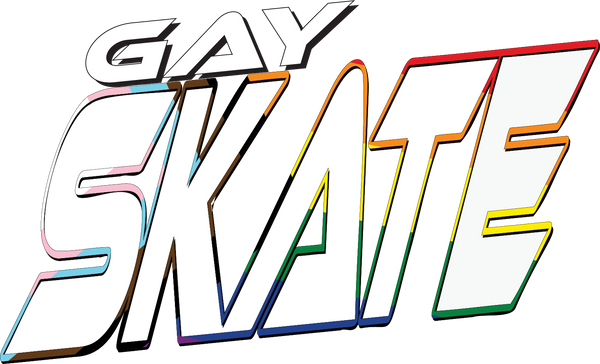 Text logo with the words "Gay Skate" in bold, dynamic lettering. "Gay" is in white with a black outline, positioned above the larger word "Skate," which is outlined in rainbow colors. The font style is modern and energetic, suggesting movement and inclusivity.