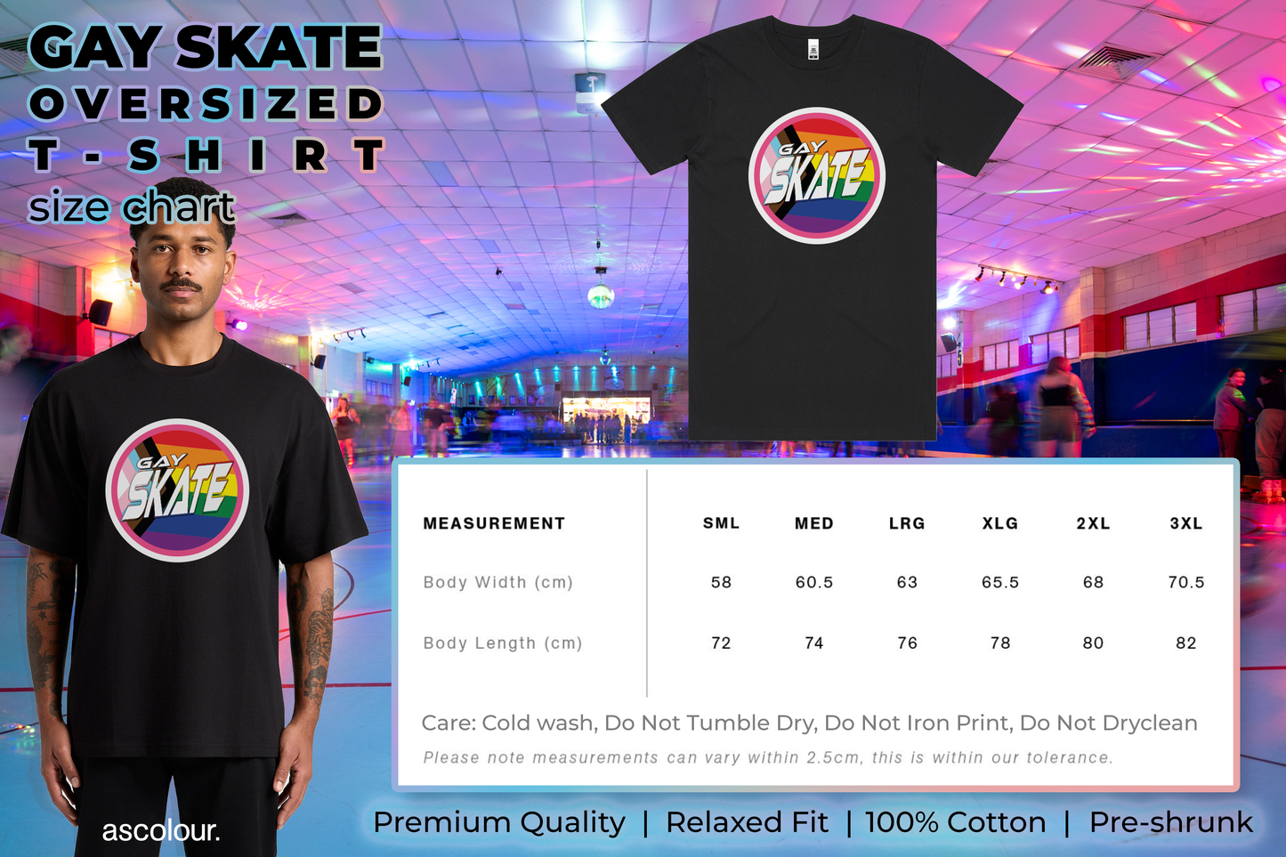Someone wears a black "GAY SKATE" AS Colour Block T-shirt. Next to them, the Oversize Tee Size Charts, care instructions, and product features are displayed at a vibrant roller skating rink.