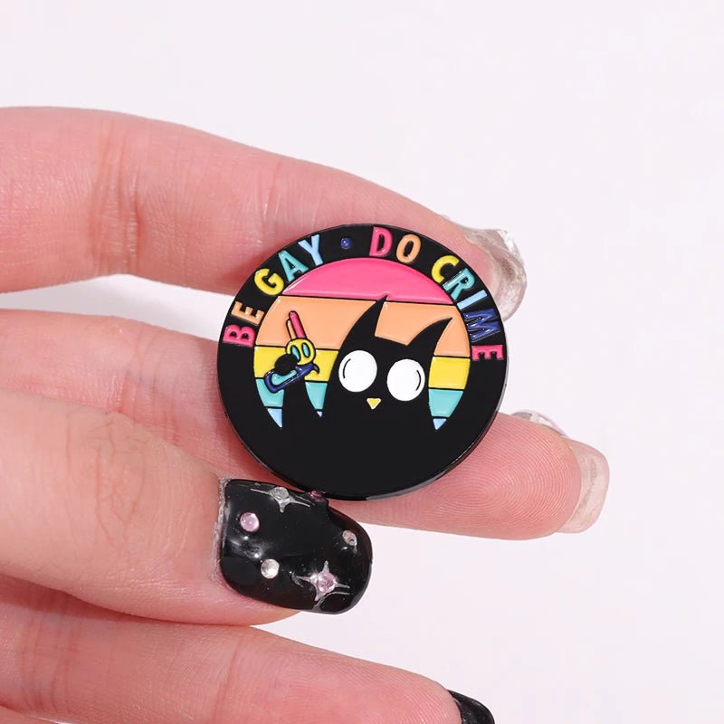 Be Gay Do Crime badge - rainbow, cats, duck, bees