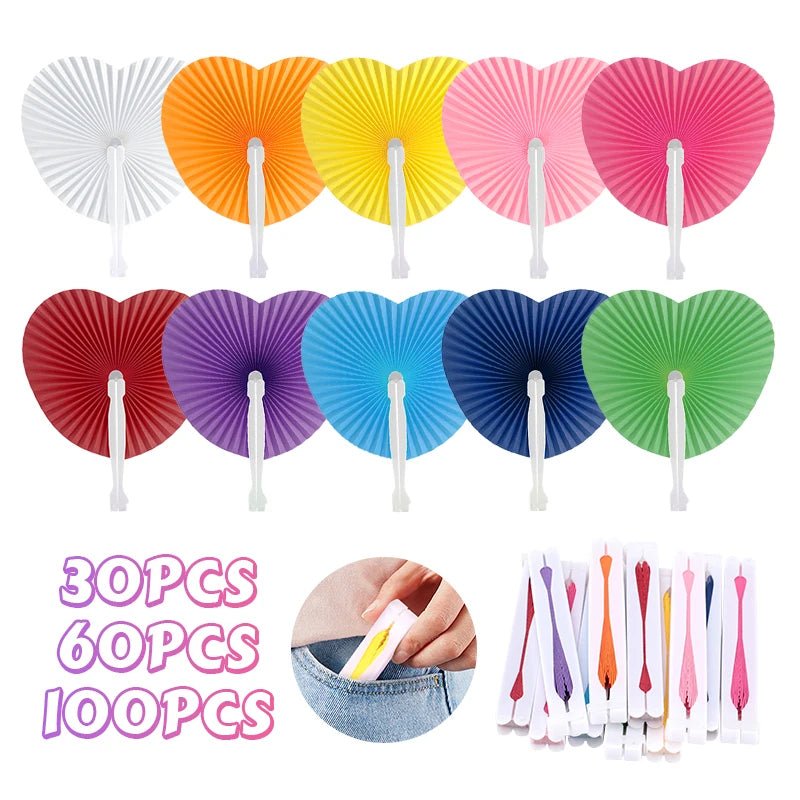 Rainbow pride Heart shaped paper folding hand-fans for parties and events. Ten bright colours available in lots of 20, 30, 60 or 100 pieces