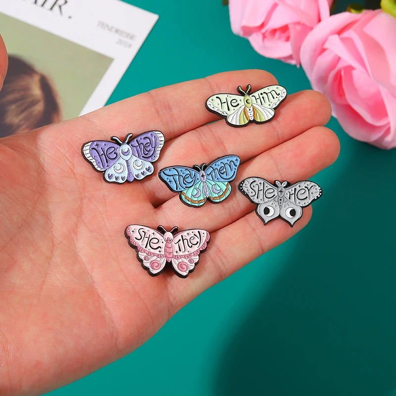 Creative pronoun badges: moth, butterfly, cat, frog, planchette - Gay Skate - Creative pronoun badges: moth, butterfly, cat, frog, planchette - Creative pronoun badges: moth, butterfly, cat, frog, planchette