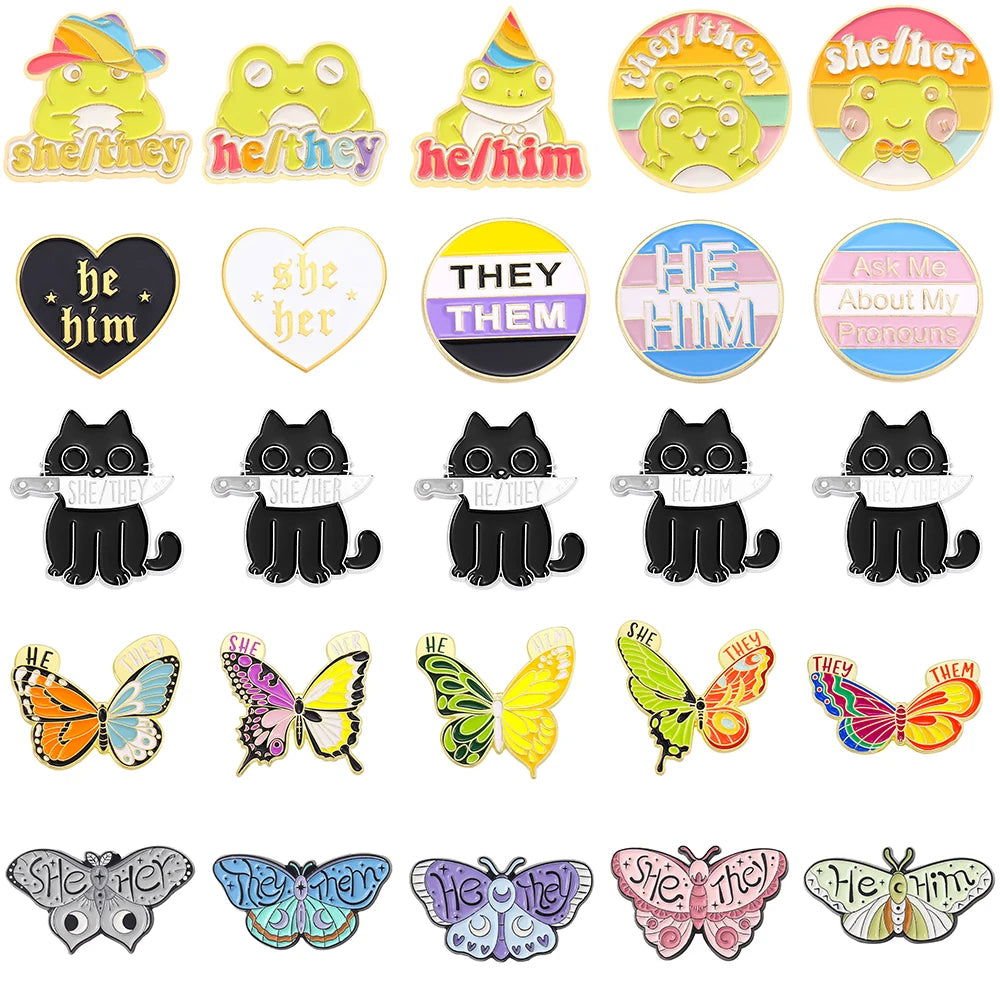 Creative pronoun badges: moth, butterfly, cat, frog, planchette - Gay Skate - Creative pronoun badges: moth, butterfly, cat, frog, planchette - Creative pronoun badges: moth, butterfly, cat, frog, planchette