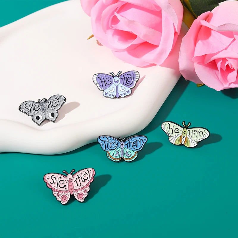 Creative pronoun badges: moth, butterfly, cat, frog, planchette - Gay Skate - Creative pronoun badges: moth, butterfly, cat, frog, planchette - Creative pronoun badges: moth, butterfly, cat, frog, planchette