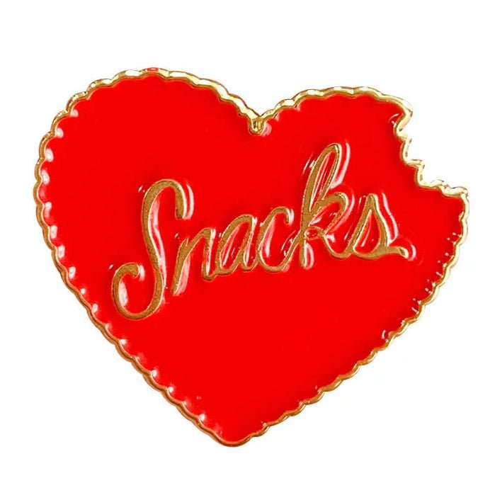 Red love heart SNACKS enamel pin badge