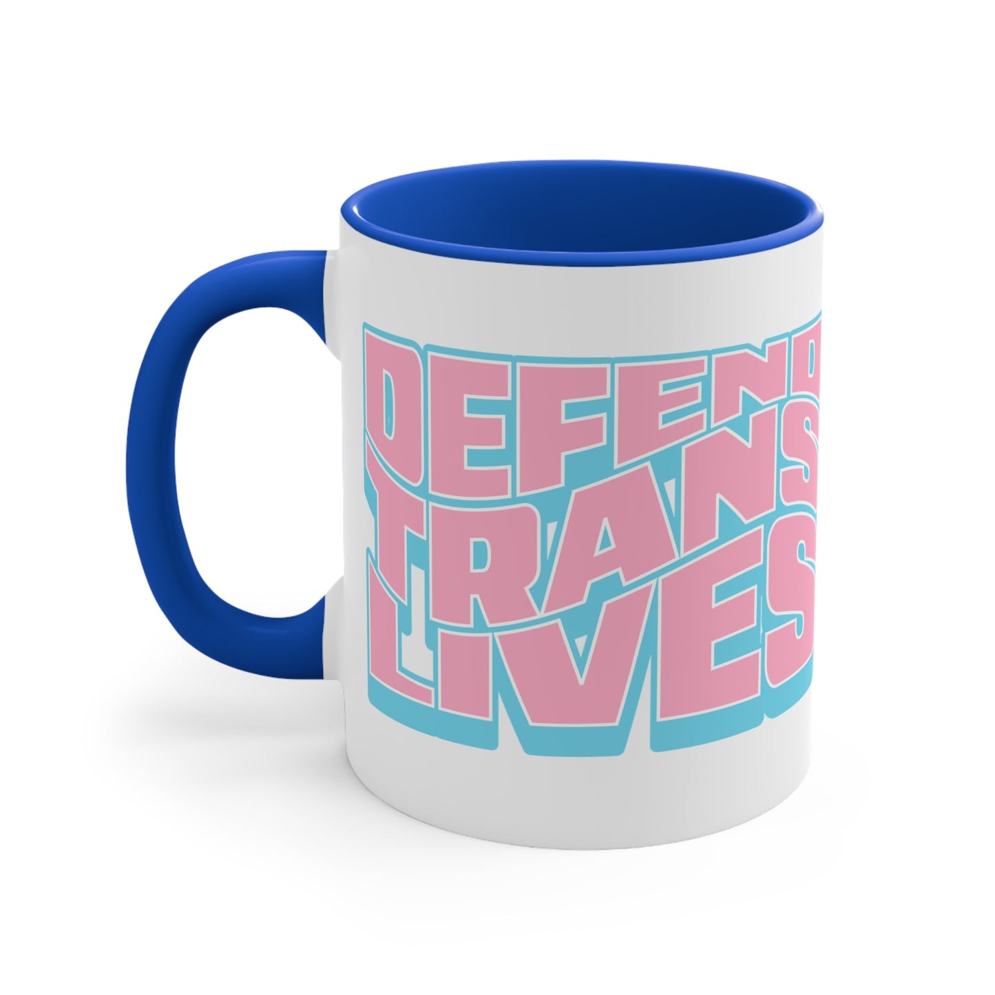 Defend Trans Lives original logo cup featuring transgender pride flag colours with a colourful interior and handle accents.