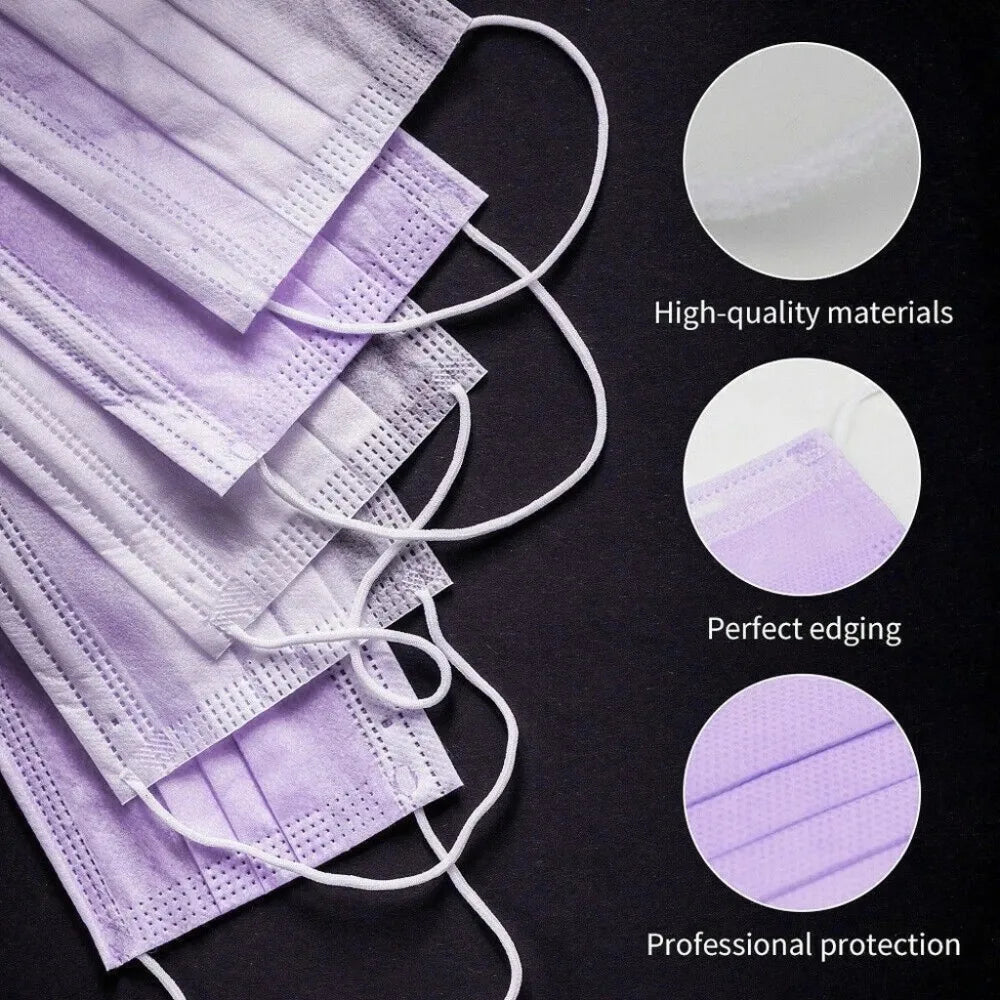 Disposable 3-layer Protective Face Masks - Purple, Pink, Blue, Black, Grey, White - 50 pieces