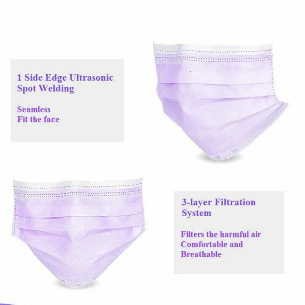 Disposable 3-layer Protective Face Masks - Purple, Pink, Blue, Black, Grey, White - 50 pieces