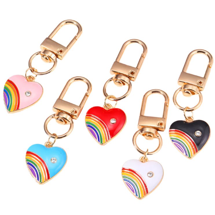 Rainbow pride heart diamante enamel gold key chain. Gay pride key ring