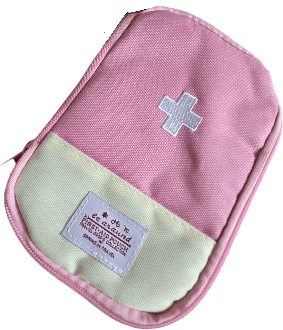 The compact design of this First Aid Kit for skate bag is both stylish and functional with its pink and beige fabric, white cross symbol, and stitched label. It’s perfect as a chic first aid pouch for essentials in cute colors.