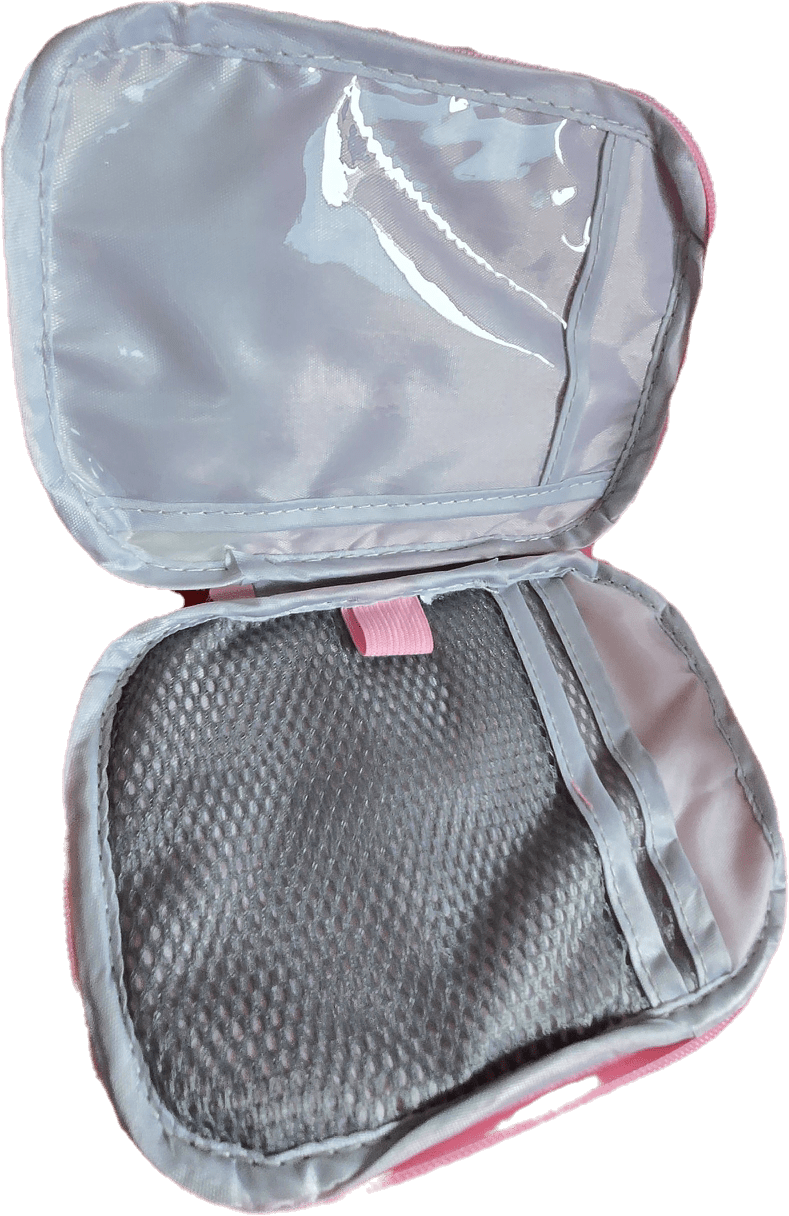 Add the First Aid Kit for your skate bag to your travel essentials with its stylish compact design, featuring a pink and gray organizer with a mesh compartment and elastic straps inside the lid.