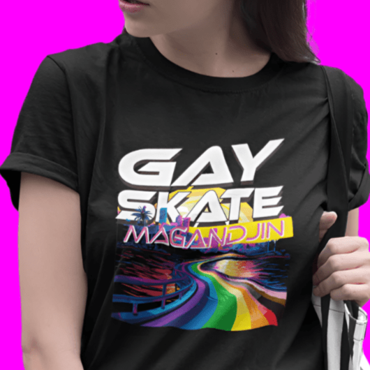 AS Colour Block black t-shirt with 'GAY SKATE MAGANDJIN' Meanjin Brisbane text and rainbow pride river design with palm trees