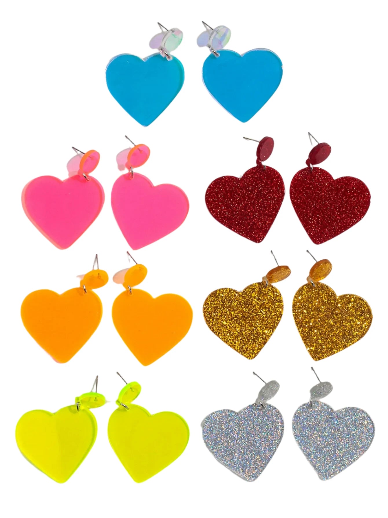 Gay Skate offers a delightful collection of Glitter or Neon Acrylic Love Heart Drop Earrings, showcasing pairs in blue, pink, red glitter, orange, gold glitter, yellow, and silver glitter. Each embodies Retro Fashion charm against a white background.