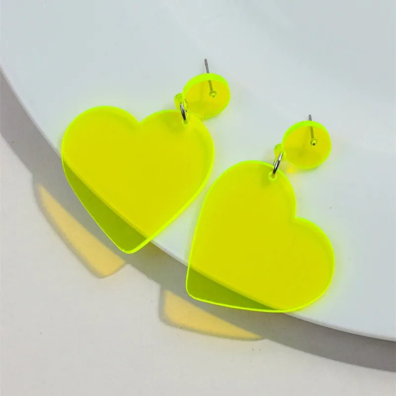 Fluro yellow love heart dangling earrings