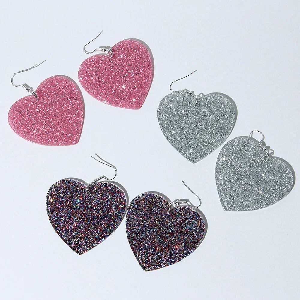 Pink and silver Glitter Love Heart Drop Earrings -