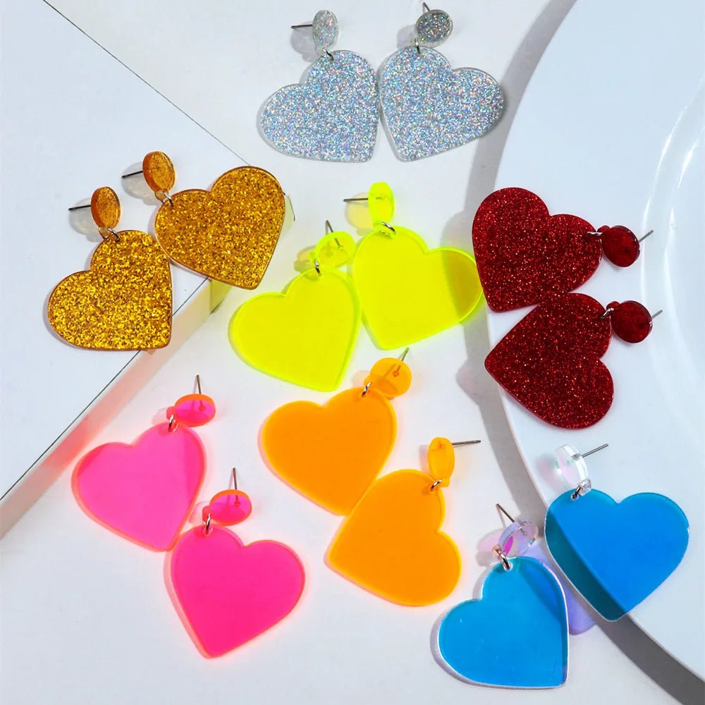 Glitter or Neon Acrylic Love Heart Drop Earrings. Florescent earrings
