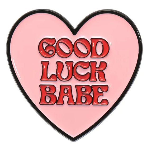 Pink and red heart shaped lesbian badge: Chappel Roan Good Luck Babe
