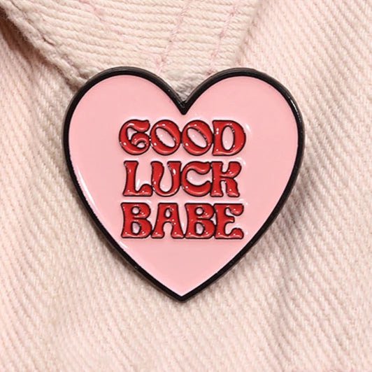 Pink and red heart shaped lesbian badge: Chappel Roan Good Luck Babe, Pink Pony Club