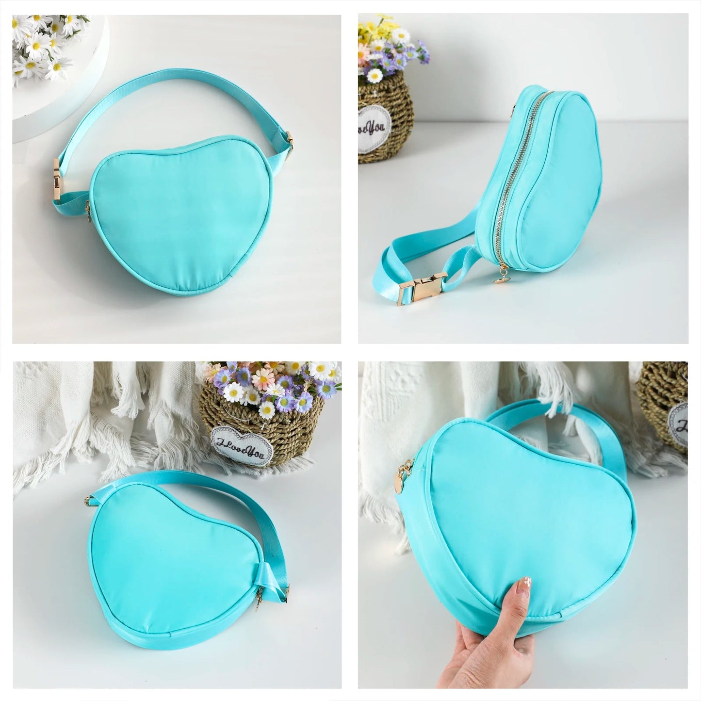 Love heart shaped bag with waist strap and gold details. This Heart Shaped Crossbody Bag or Fanny Pack is perfect for your skating adventures. Its unique love heart design is a fashionable statement piece, while the bag's practicality offers hands-free convenience. Available in kawaii shades of pink, teal, and tie dye, or make a bold statement with red.