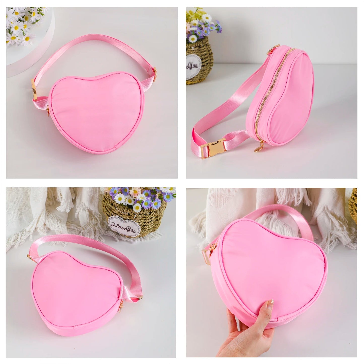 A collage of four images showcases the Gay Skate Fashion Nylon Heart Shape Crossbody Bag for women, featuring a pink design with a gold zipper and adjustable strap. One image shows the front view, another the back, the third is a side view, and the fourth features a hand holding this chic women's casual clutch.