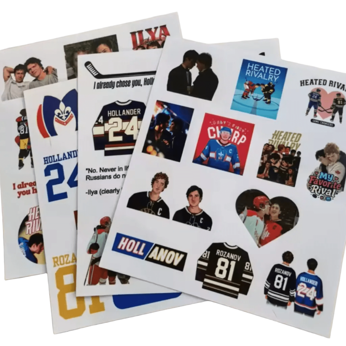 Collection of bulk LGBT Heated Rivalry stickers with Hollander Rozanov hockey jerseys
