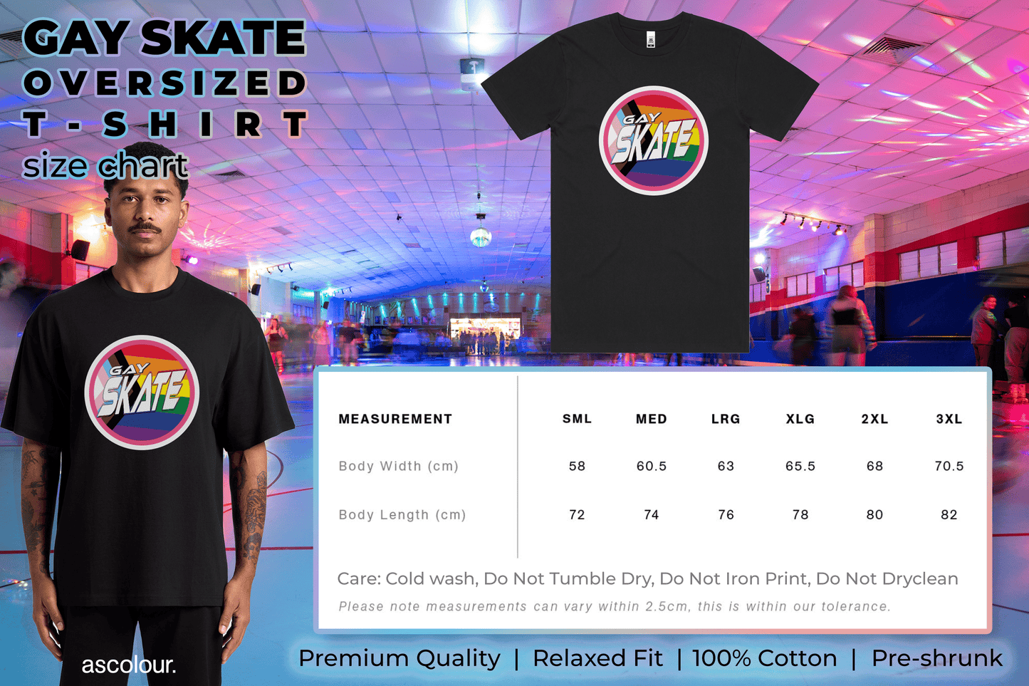 A man wears a black "REDACTED TERFS" t-shirt with a retro rainbow logo, hand printed on high-quality AS Colour tees (S-3XL). Shot in a vibrant roller skating rink. Trans and queer owned business.