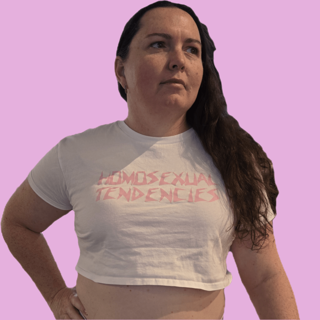HOMOSEXUAL TENDENCIES - red, black, white or pink text - locally printed satire crop tee