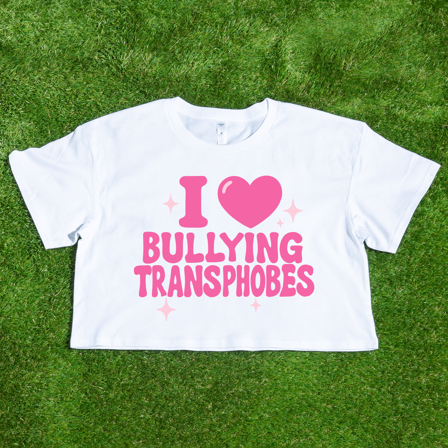 A statement crop tee reading "I 🩷 Bullying Transphobes," locally printed and perfect for queer streetwear lovers. Support a trans-owned small business with this bold piece—ideal for making your stance clear!.
