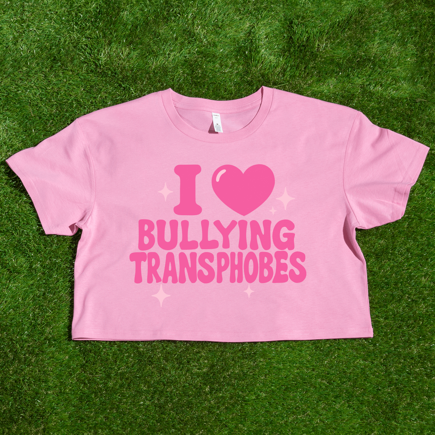 The "I 🩷 Bullying Transphobes / Homophobes" pink crop tee adds bold, queer skate streetwear vibes to your look, representing a trans-owned small business and locally printed style.