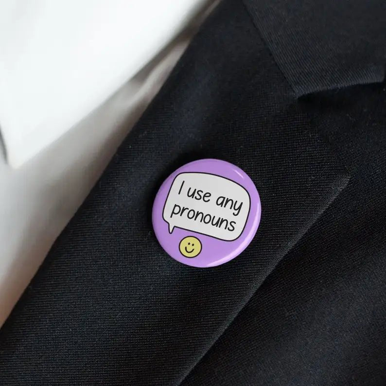 I Use Any Pronouns - purple button badge