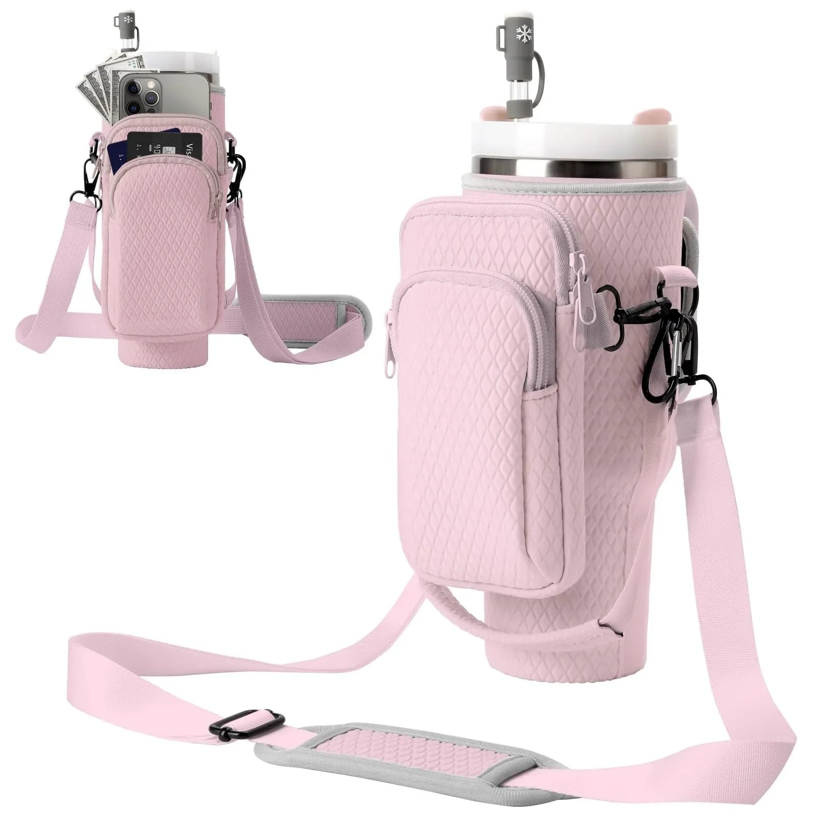 The insulated Stanley Cup Holder Cross-body Bag available in pink, purple, black, and natural/white, is crafted from high-quality neoprene with an adjustable strap designed to hold a 30oz or 40oz Stanley cup. This stylish drink cup accessory bag is tailored for outdoor skating and features multiple pockets for a smartphone, credit cards, and keys. The quilted pattern and close-up of the strap emphasize the fashion, style and rotection it offers.