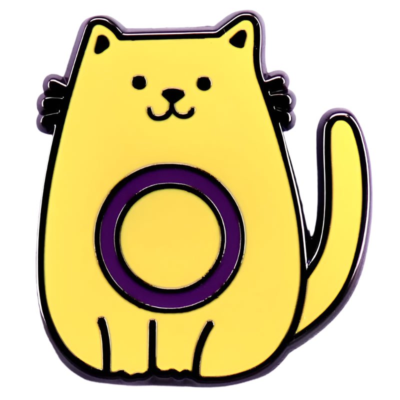 Intersex pride badge. Small intersex pride flag cat badge. Yellow and purple pride cat pin measuring 1.1 inch x 1 inch