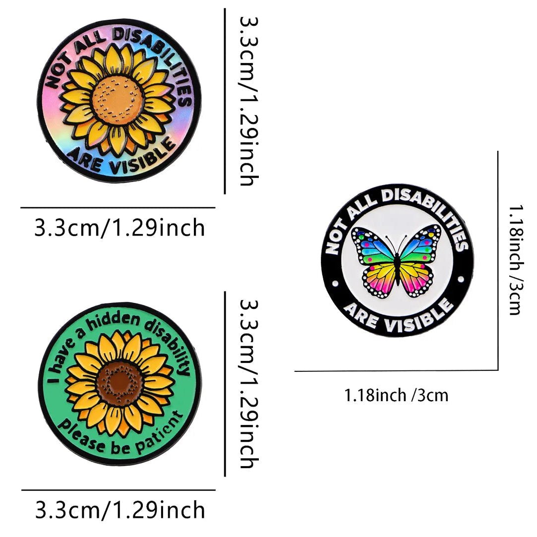 Circular badges with sunflower and butterfly designs, labeled 'Not All Disabilities Are Visible', I have a hidden disability please be patient
