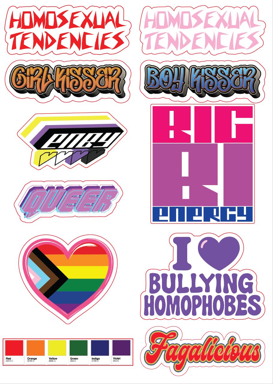 Collection of colorful pride stickers with various text designs on a white background.