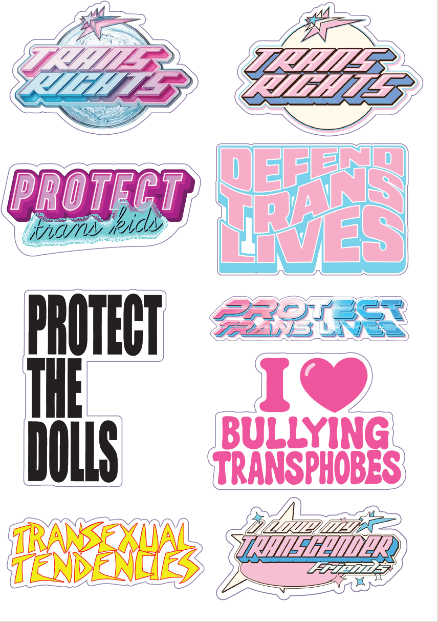 Collection of stickers with various messages related to transgender rights on a white background.