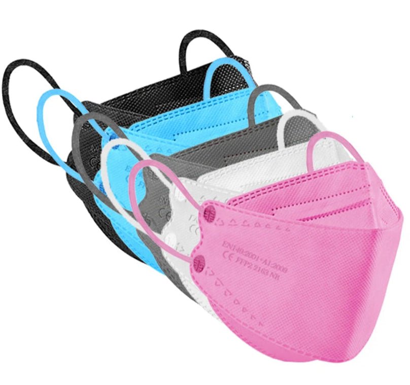 KN95 masks in pink, blue, black, white, and grey. Each mask has ear loops and a contoured 3D shape for stylish protection. Trans flag colours. Trans pride mask